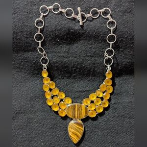 Silver Plated Brown Tiger's Eye Yellow Sapphire Gemstone Statement Necklace